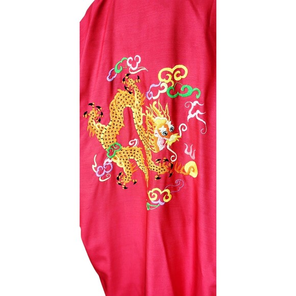 Vintage 50s Chinese 100% Silk Dragon Hand Embroidered Red Open Front Robe - Picture 7 of 9